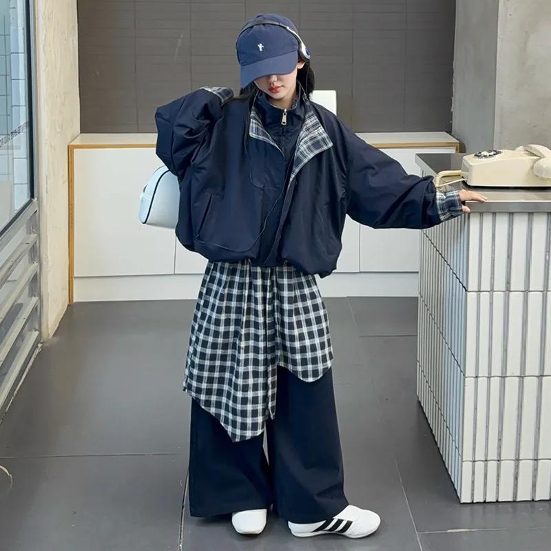 Ensemble de tenues de printemps pour filles, veste à carreaux, ourlet superposé, pantalon à jambes l