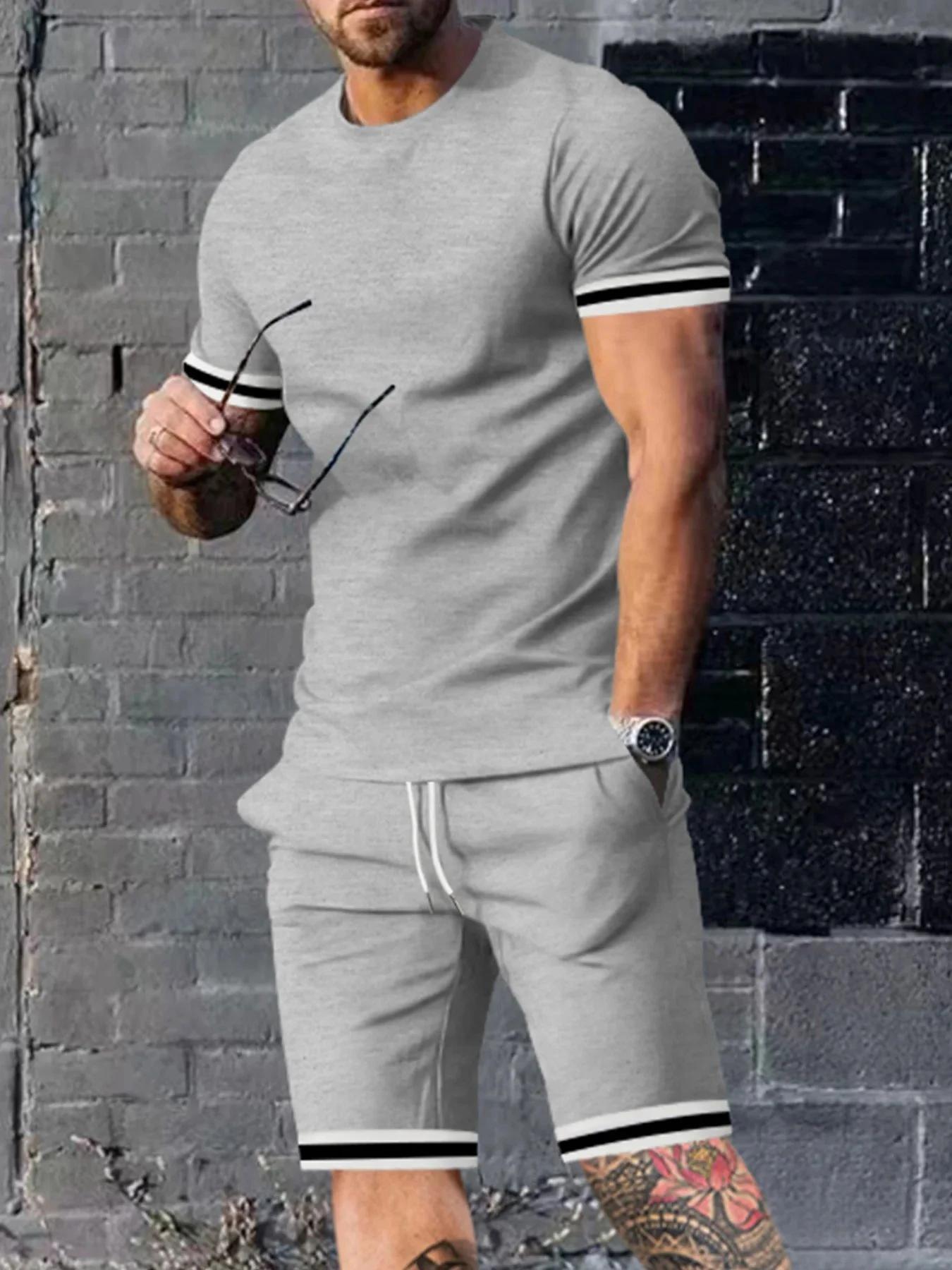 Ensemble T-shirt et short à col rond pour hommes, imprimé rayé minimaliste, confortable et respirant