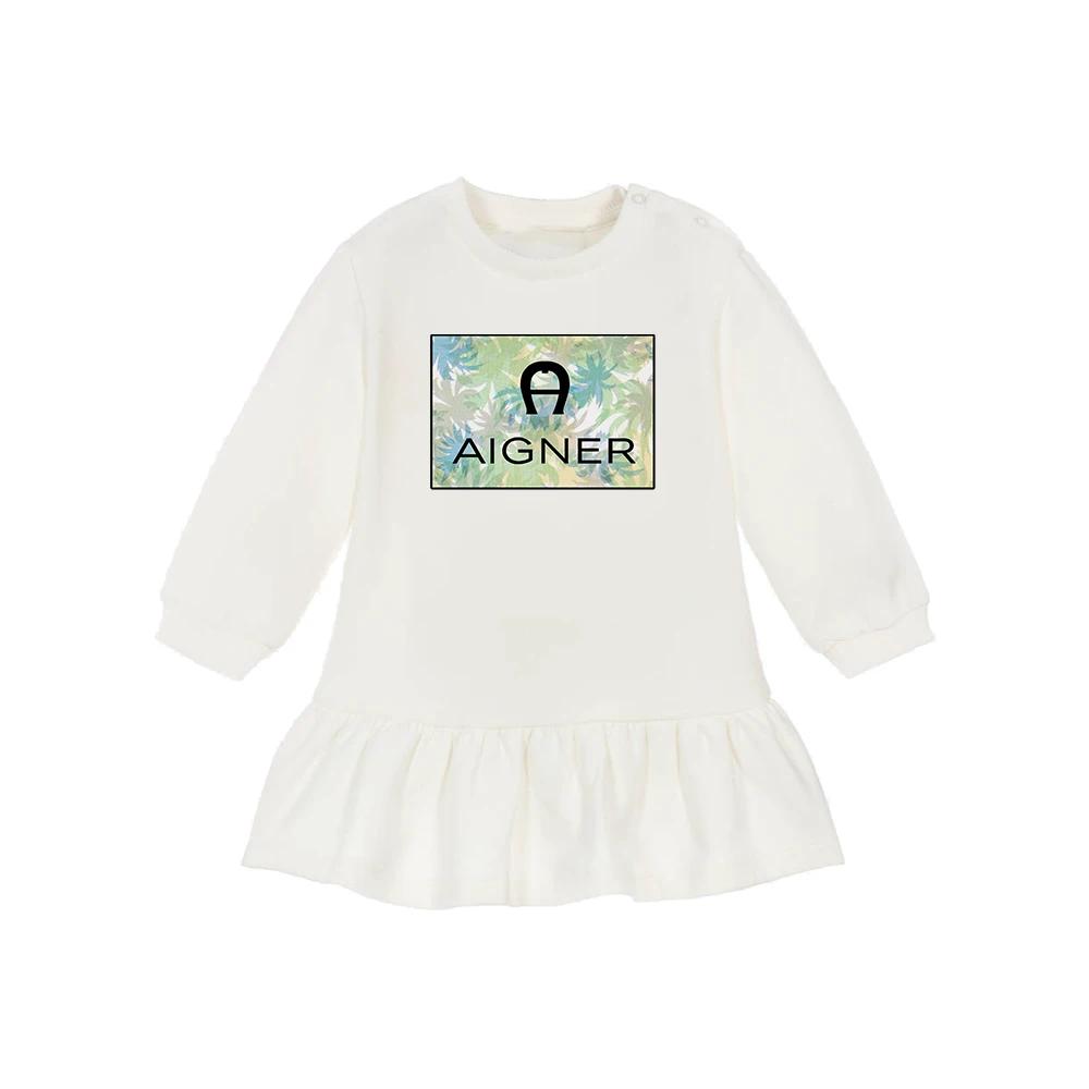 Robe blanche à manches longues imprimée lettre pour enfants, vêtements décontractés quotidiens, mode