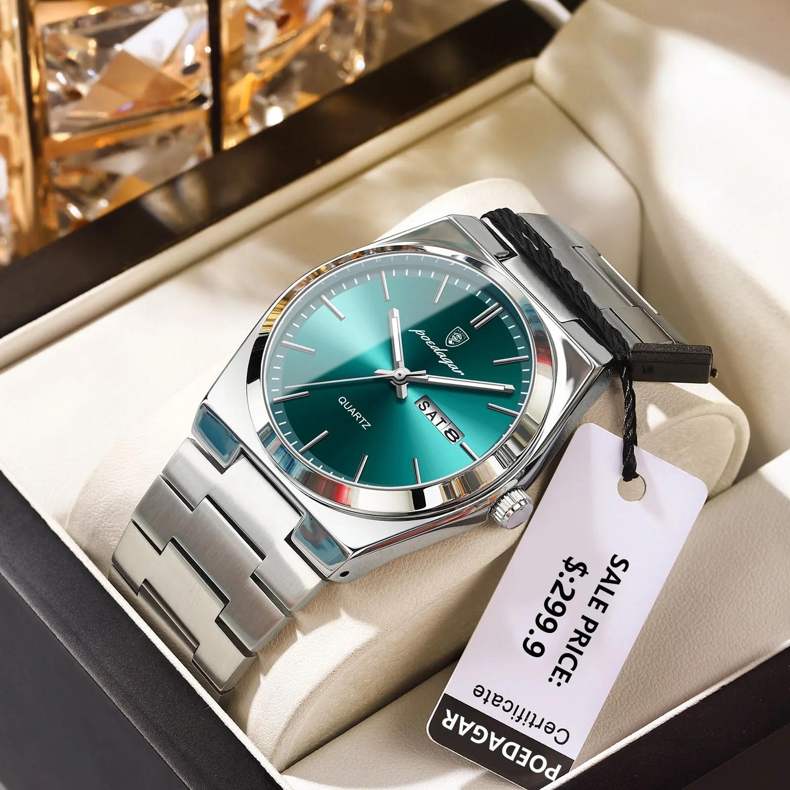 POEDAGAR montres pour hommes de luxe étanche lumineux Date semaine hommes montre en acier inoxydable