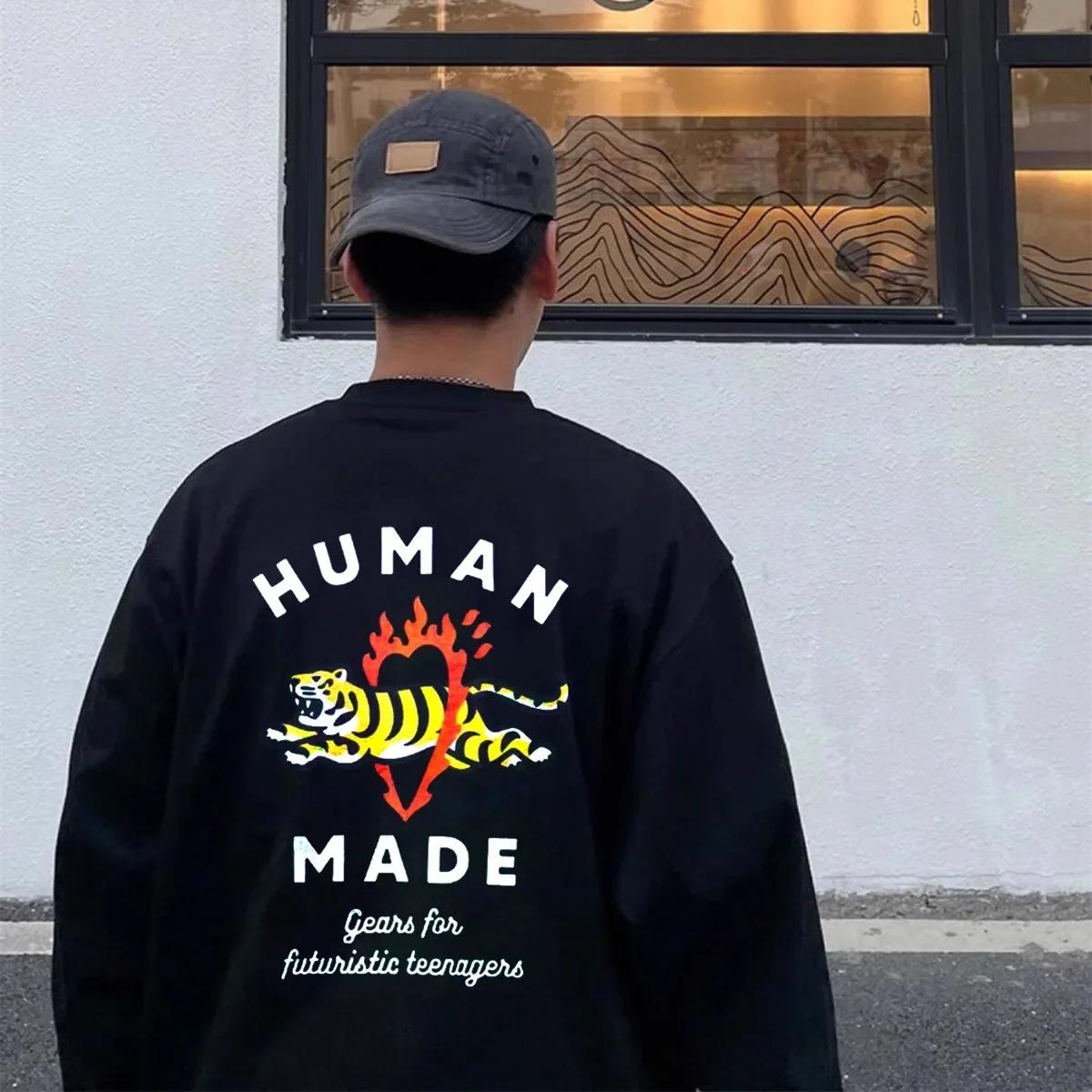 T-shirt à manches longues avec imprimé Tigre enflammé de HUMAN MADE, style rétro japonais, unisexe, 