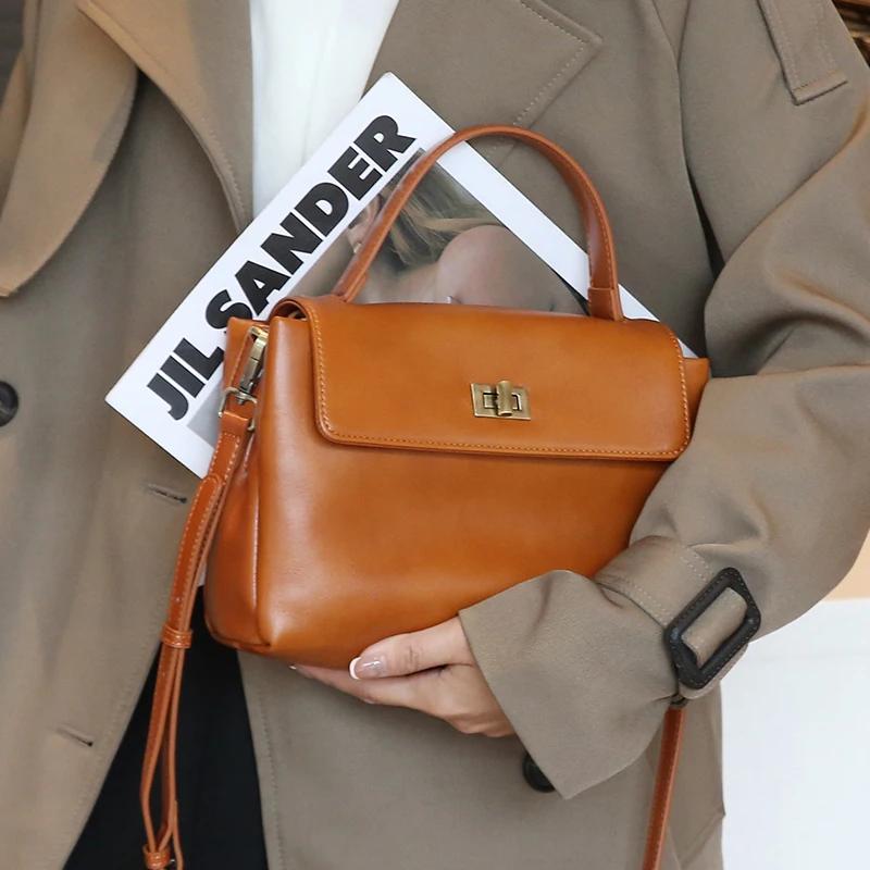Sacs à main en cuir véritable pour femmes, marron vintage, sac à bandoulière à poignée supérieure, s