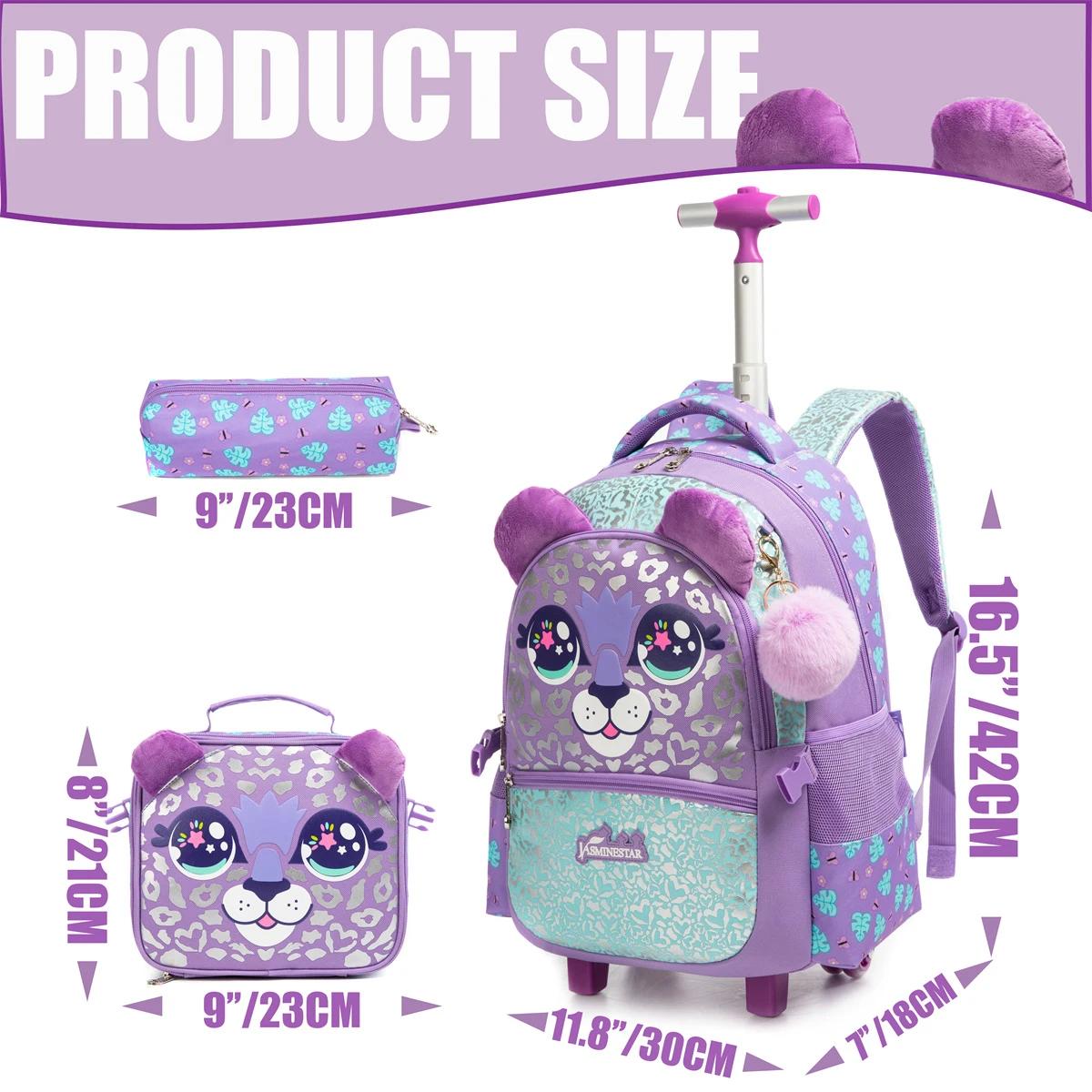 Sac à dos à roulettes pour filles avec boîte à lunch, sacs à dos scolaires à roulettes, sac à dos à 