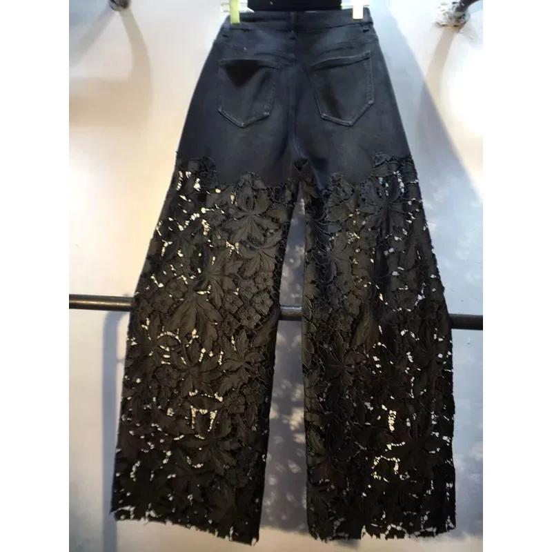 Nouveau été Denim Patchwork crochet fleur dentelle creuse jambe droite jambe large pantalon décontra