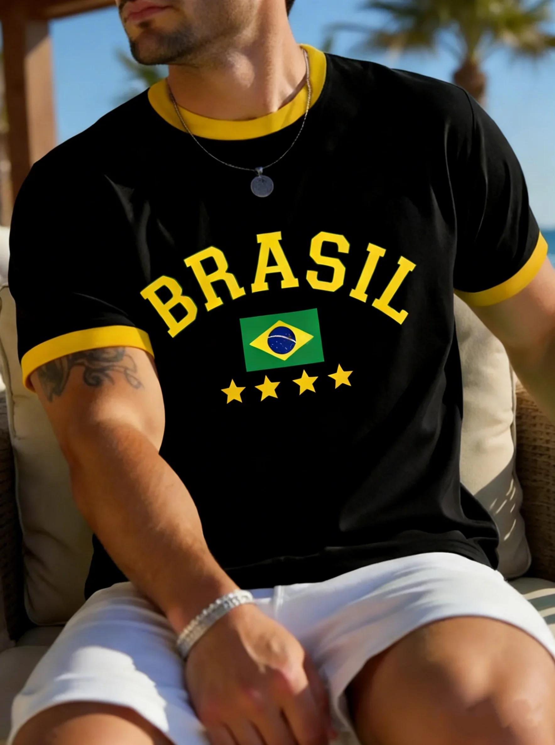 T-shirt d'été pour hommes, imprimé drapeau national du brésil en 3D, haut à manches courtes, col ron