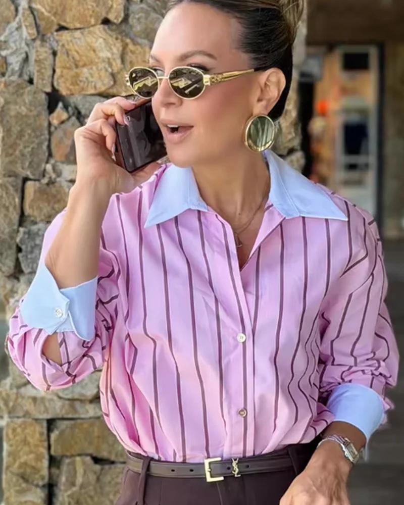 Chemise Femme 2026 Nouvelle Collection Printemps-Été, Chemise Ample Rayée Rose à Poignets Contrastan