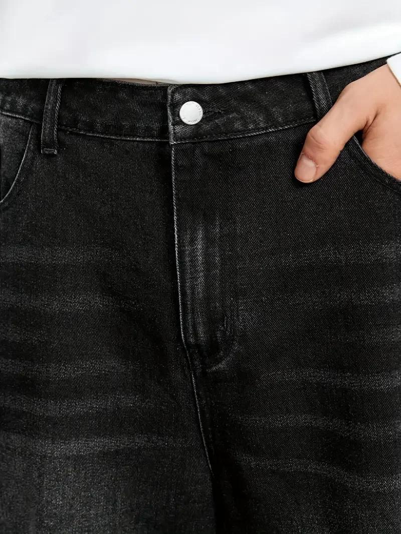 Jean à jambes larges en denim noir coupe ample pour hommes avec détails de lavage brut – Vêtements c