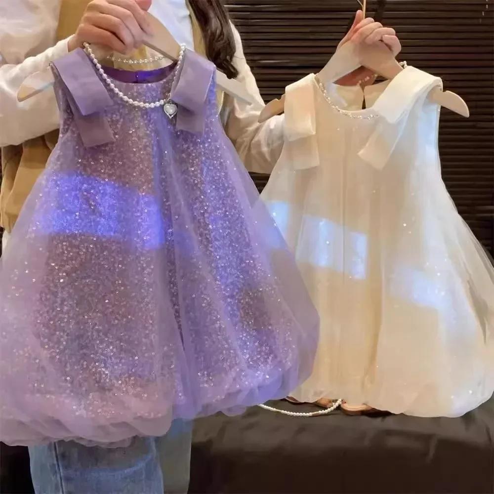 Robe d'été en dentelle à paillettes pour filles, tenue de princesse à bulles, avec nœud, Version cor
