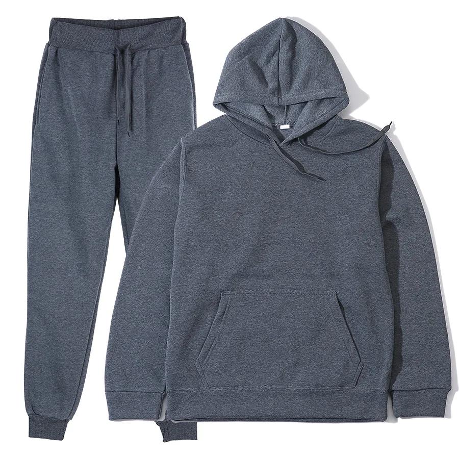 Homme automne et hiver nouvelle couleur unie sweat à capuche + pantalon deux pièces ensemble à la mo