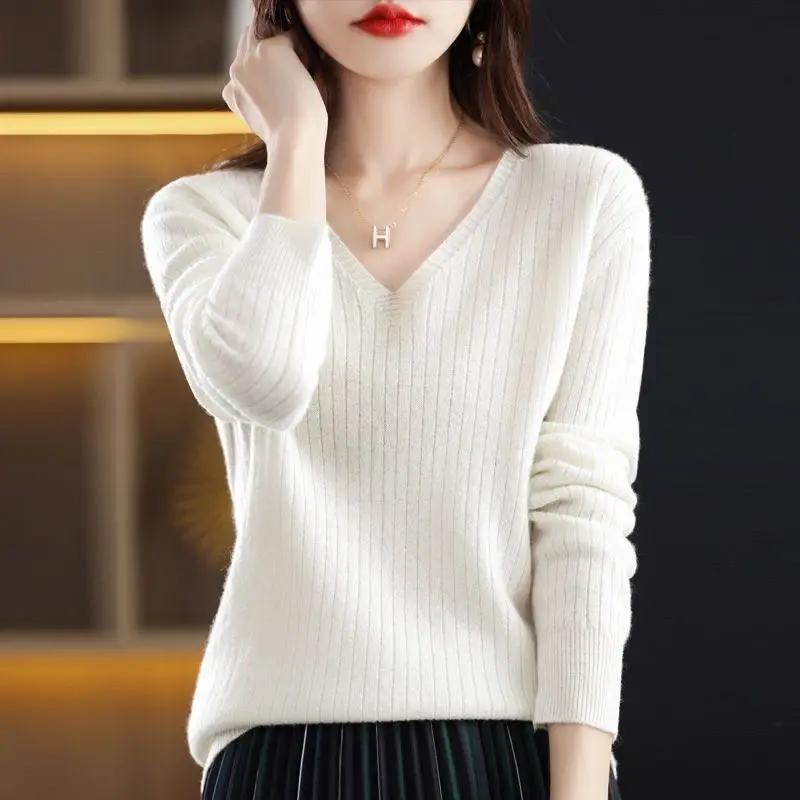 Chic décontracté automne hiver basique pull pulls femmes col en v solide tricot pull ample femme à m