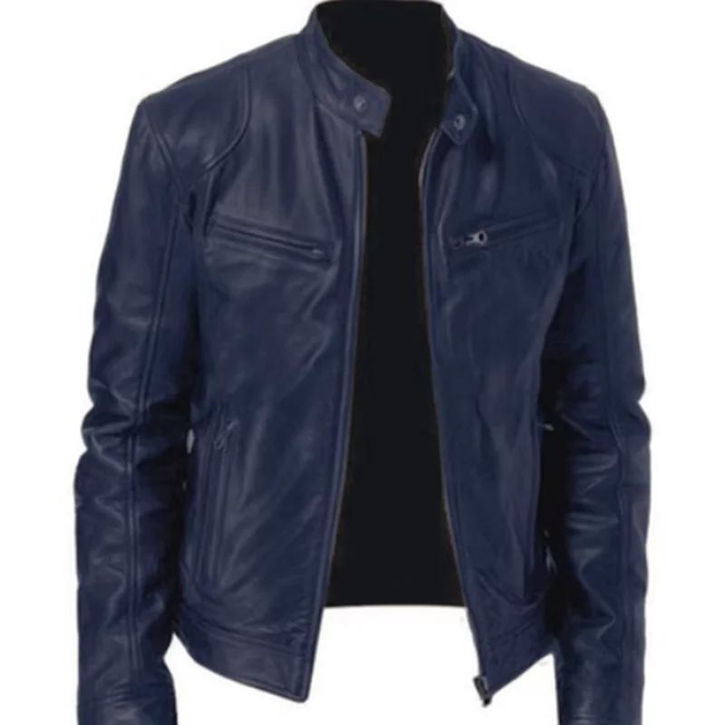 Veste en cuir PU coupe couvertes pour hommes, col montant, vestes à glissière alertes onale, revers 
