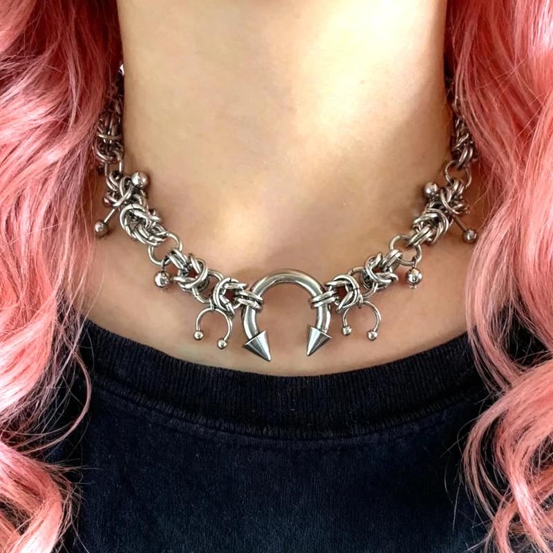 Punk mode acier inoxydable Rivet fer à cheval anneau bricolage pendentif collier pour les femmes Coo