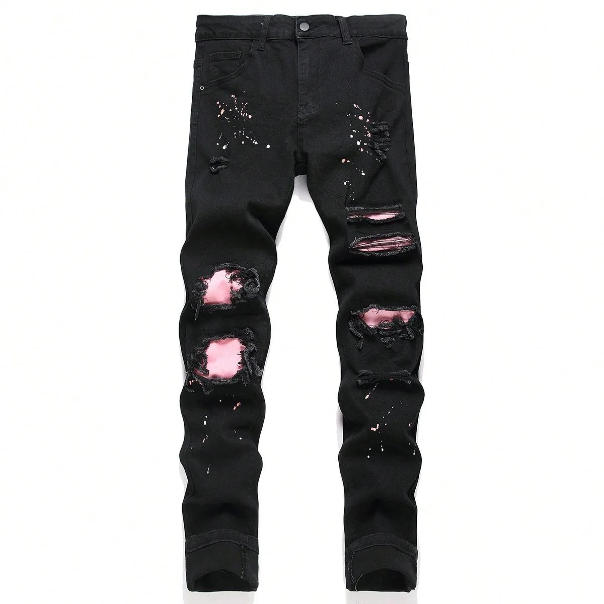 Jean en Denim extensible et Slim pour hommes, pantalon décontracté déchiré, trou Patchwork, coupe ci