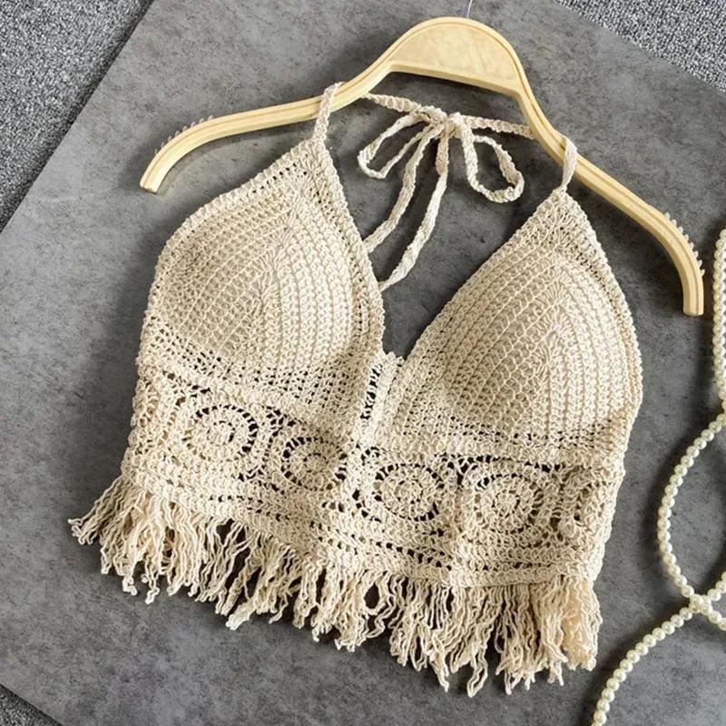 Sexy Boho plage vacances Camisole licou femmes Crochet tricot maillot de bain soutien-gorge dos nu g
