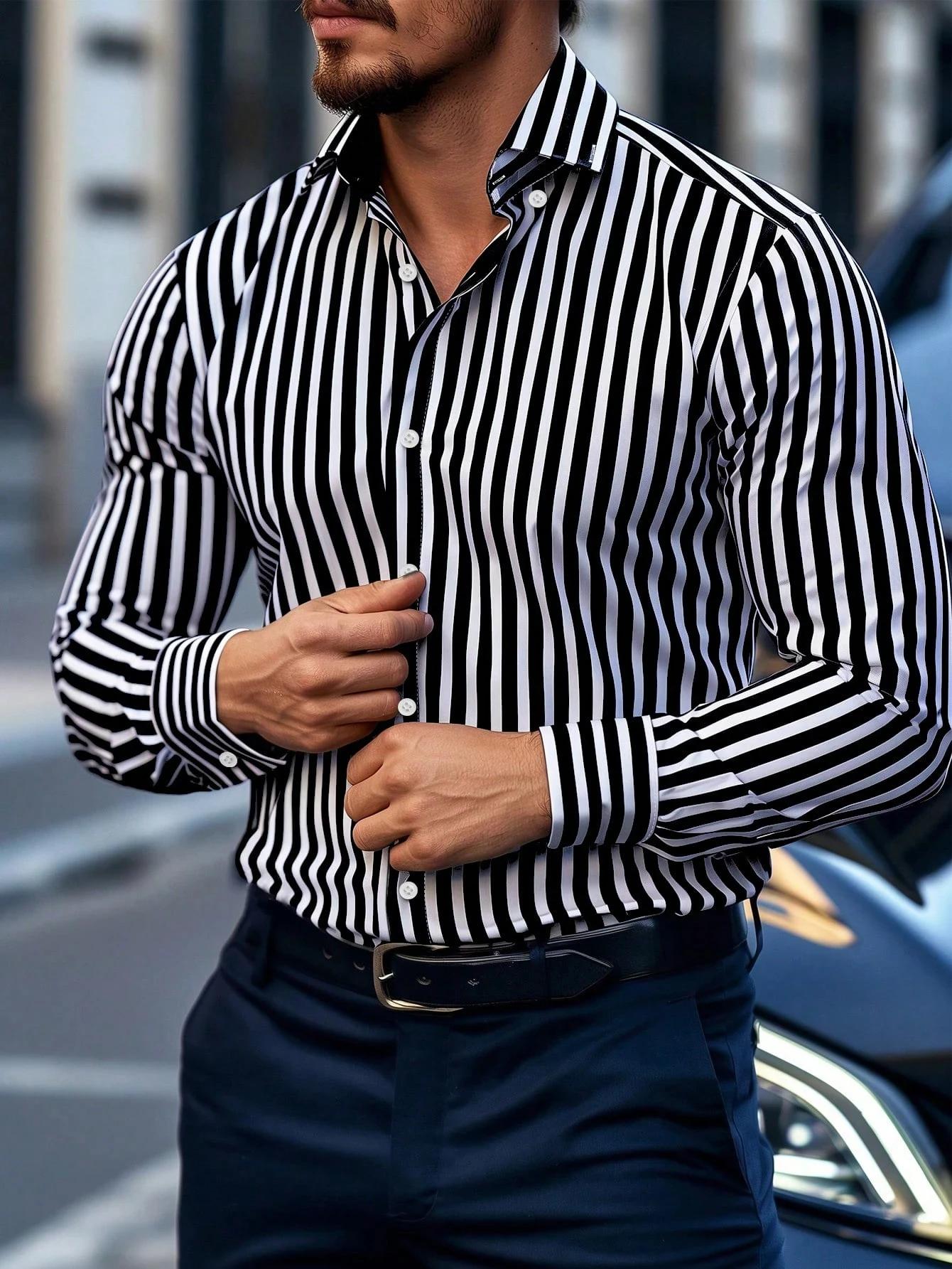 ​ ​ Chemise habillée rayée pour hommes, simple boutonnage, manches longues, tenue de bureau décontra