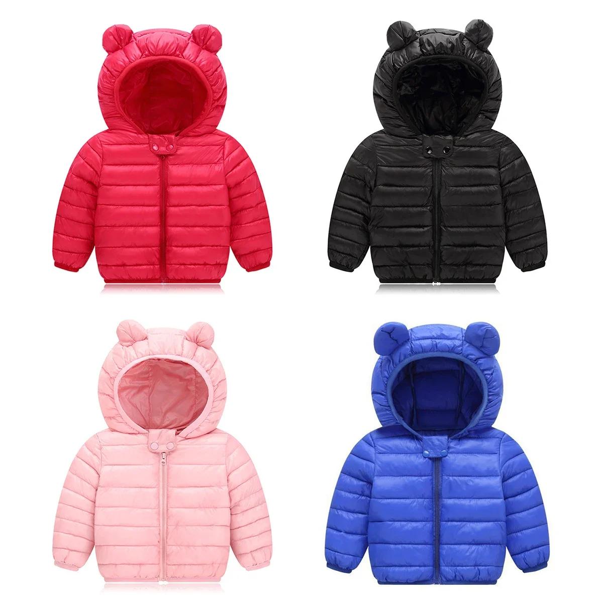 Mignon bébé filles vêtements d'hiver enfants légers vers le bas manteaux avec oreille à capuche prin