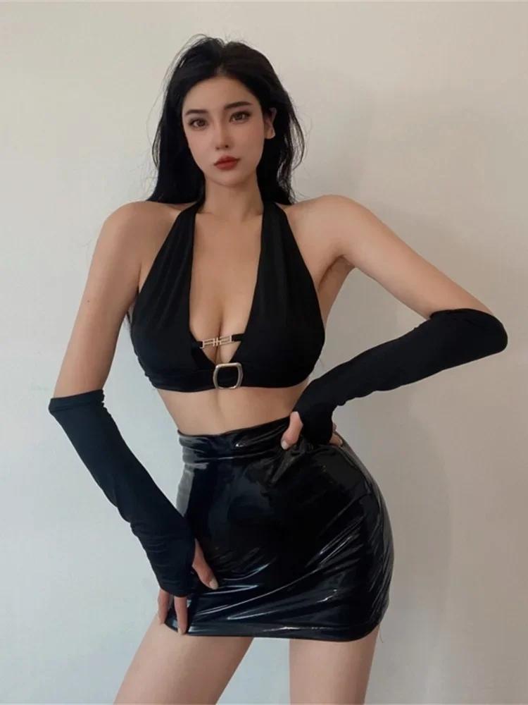 Mini jupe en cuir noir taille haute pour femme, Sexy, serré, PU réfléchissant, Style coréen, doux, a