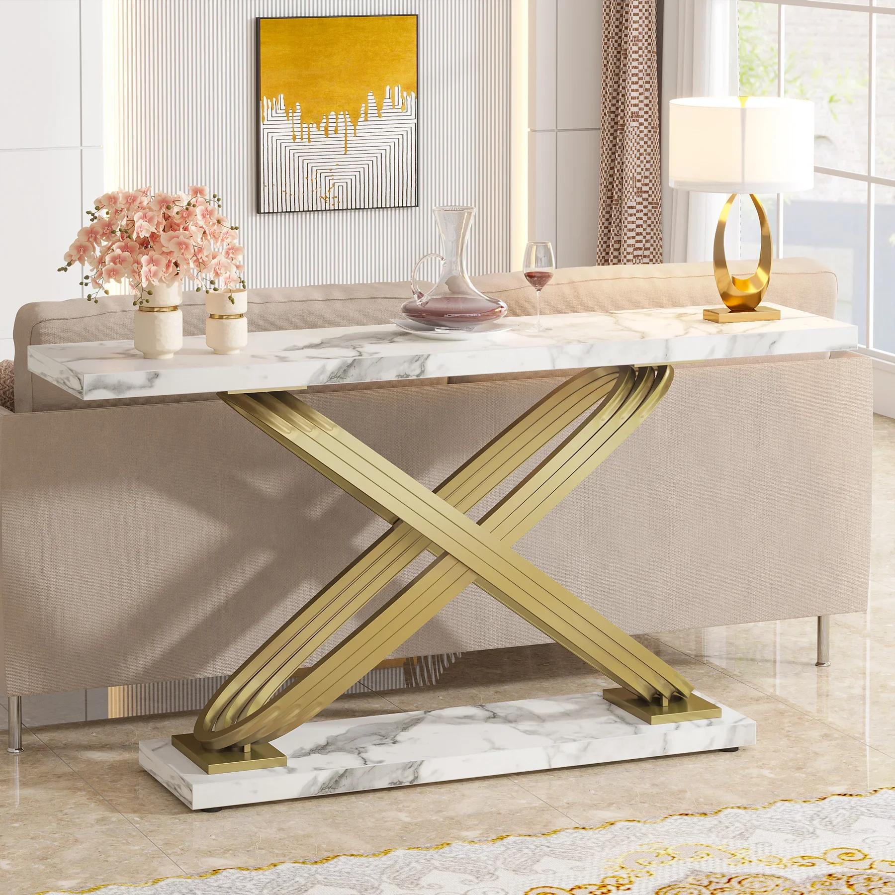 Tribesigns-Table console moderne de 55 pouces, table d'entrée en faux marbre doré derrière le canapé