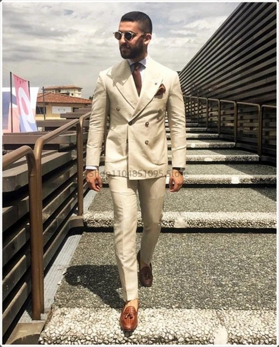 Costume décontracté pour hommes, couleur beige, costume de plage, costume de mariage, coupe slim, en