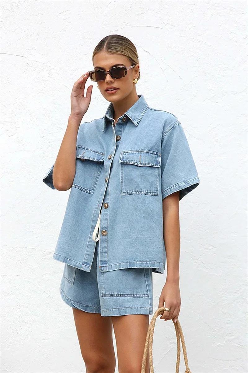 Costumes en denim vintage High Street pour femmes, manches courtes, chemise boutonnée confortable, e