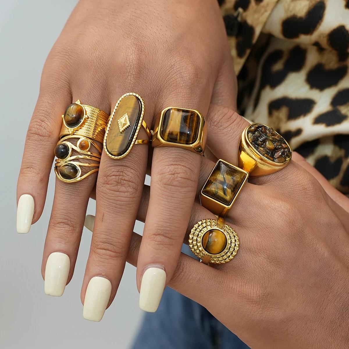 Bague ovale en pierre marron et acier inoxydable pour femmes, anneaux empilés réglables, bijoux cade