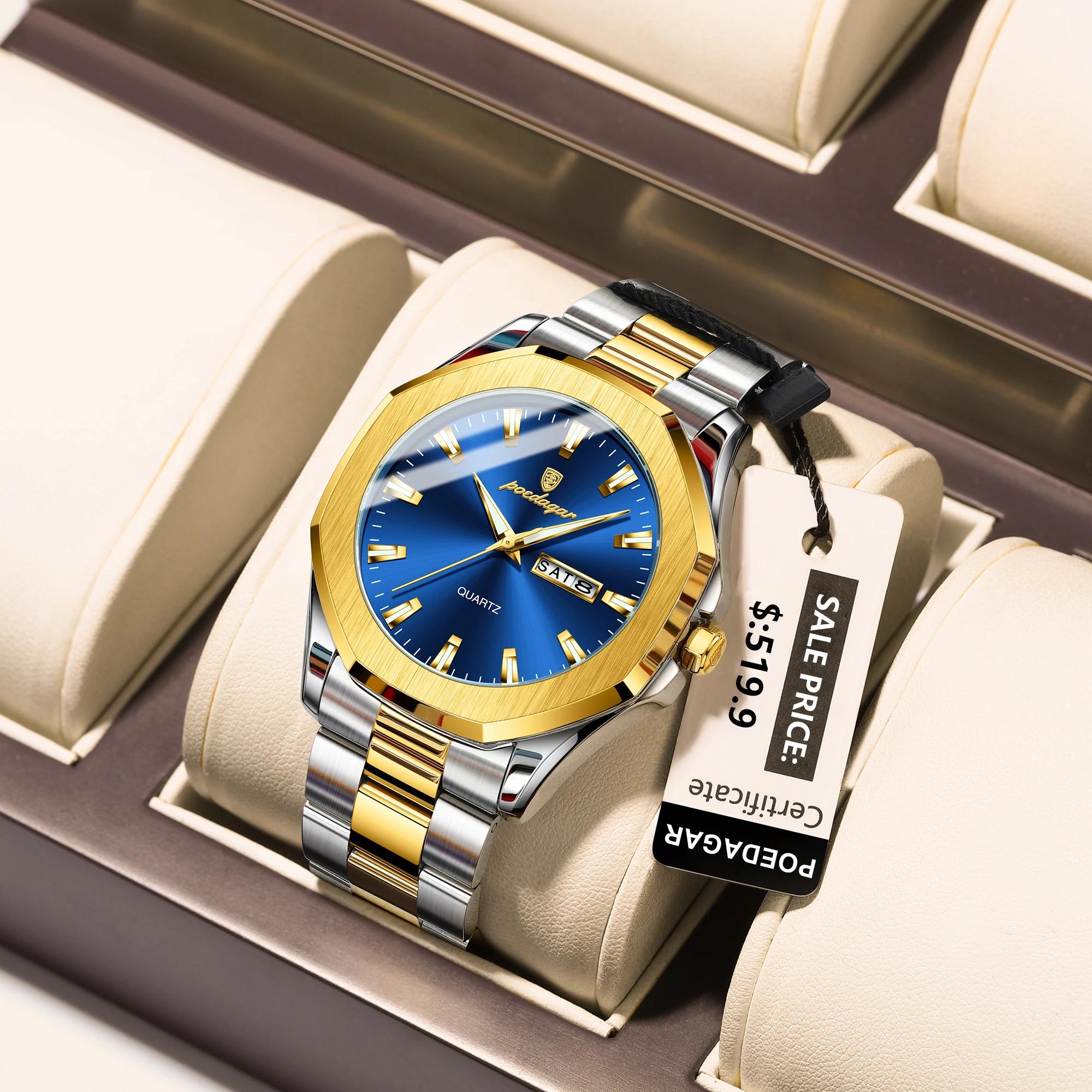 POEDAGAR-Montre-bracelet de luxe en acier inoxydable pour homme, étanche, Shoous, semaine, date, mod