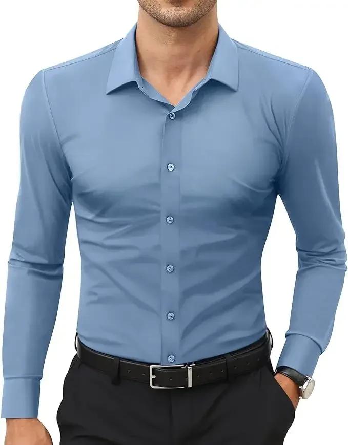 Chemise décontractée à manches longues pour hommes, élastique à quatre côtés, sans repassage, robe d
