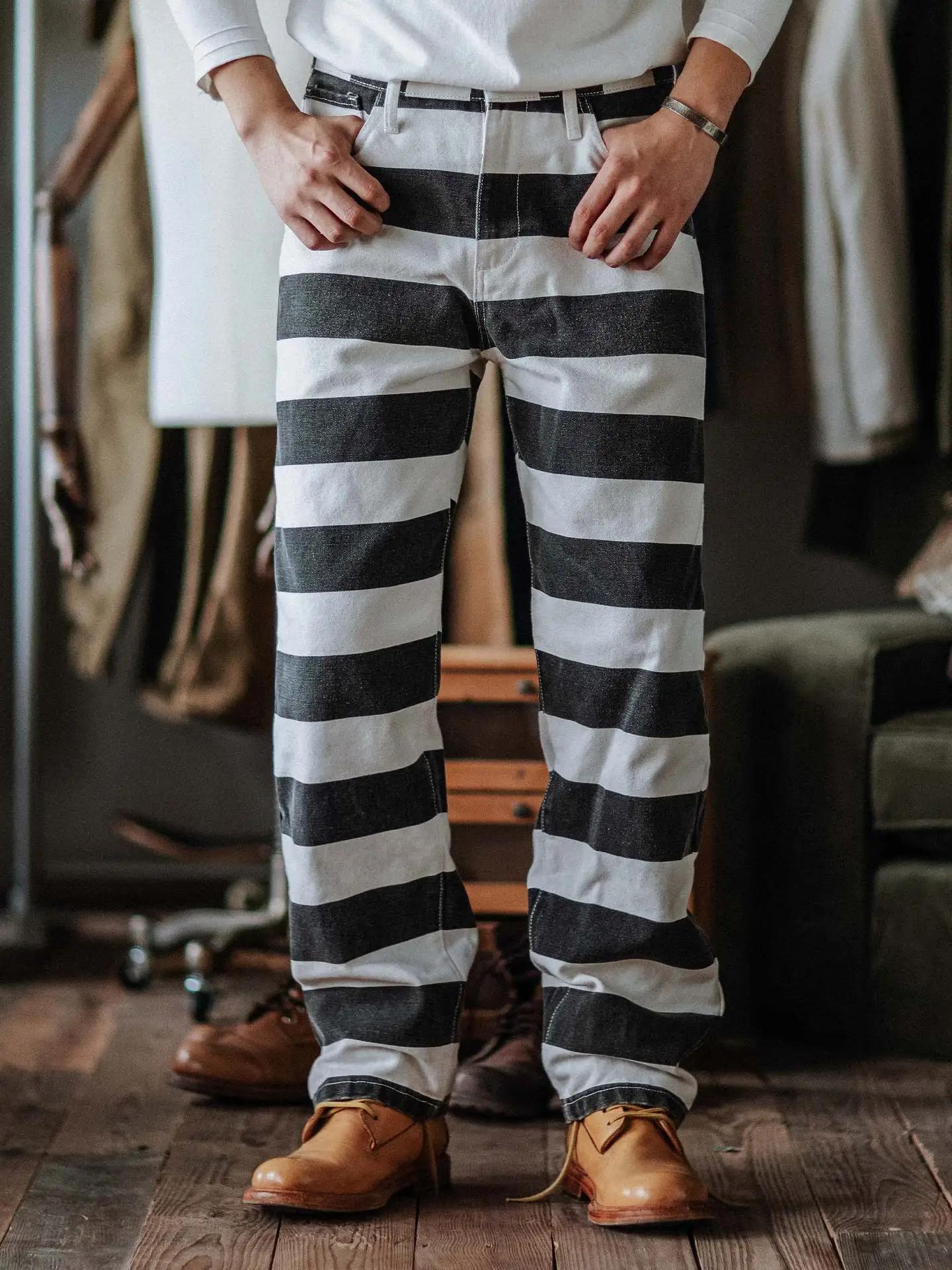 Pantalon de moto en toile lourde pour hommes, rétro américain, rayures noires et blanches, droit, dé