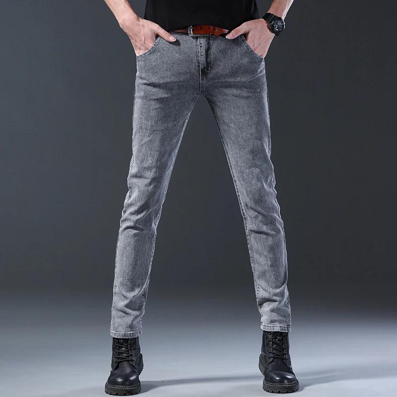 Jean nouveau style, coupe slim pour hommes, pantalon taille moyenne gris élastique à jambe droite co