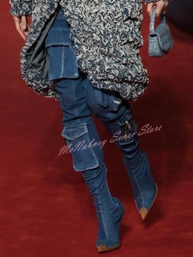 Bottes à lanières de poche en denim pour femmes, chaussures pointues Parker, talons aiguilles, cuiss