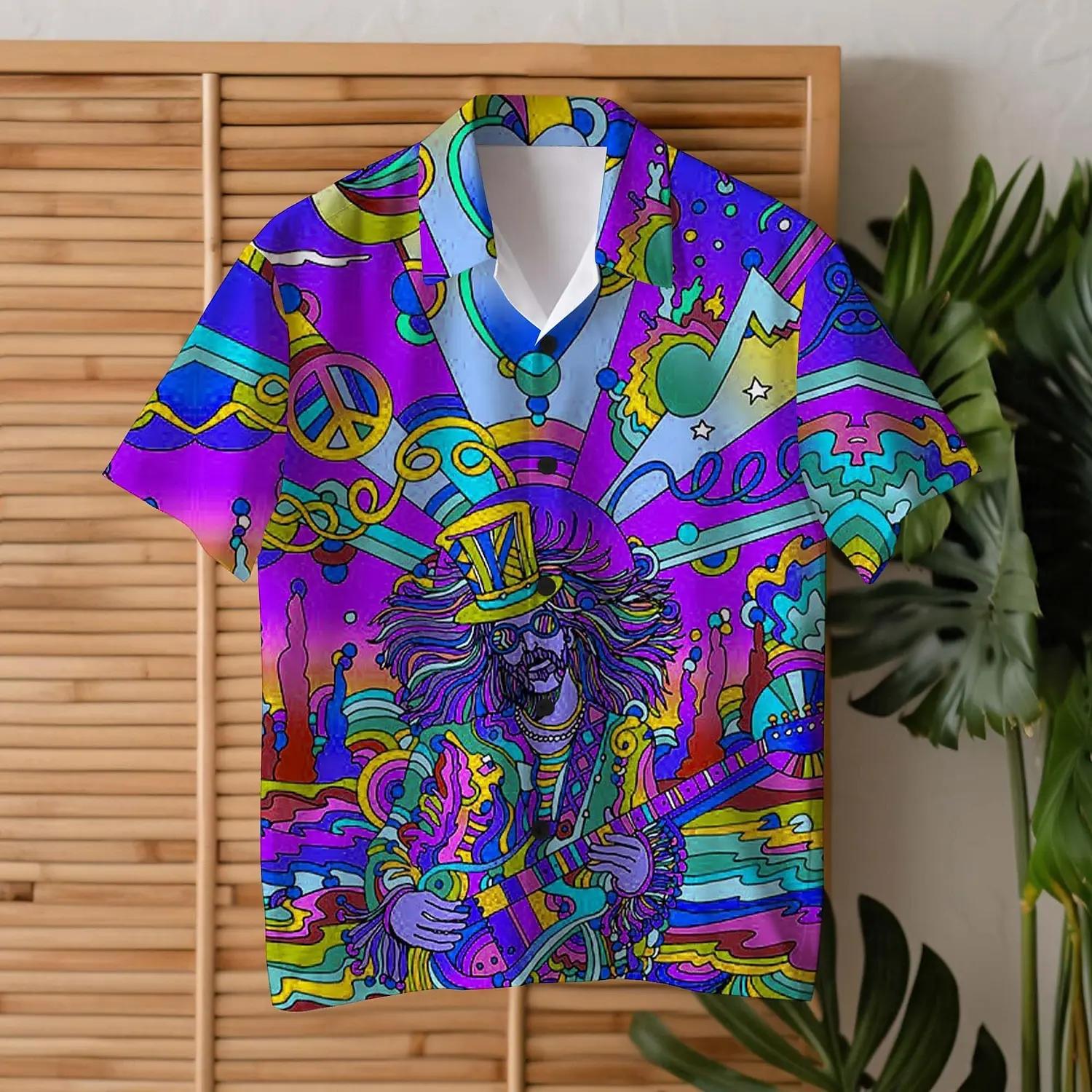 Chemise Hippie pour hommes, guitare colorée, usage quotidien, pour sortir du week-end, col cubain, m
