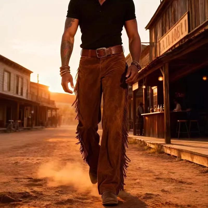Pantalon Western Homme en Daim Marron Rétro à Franges, Taille Haute, Coupe Large, Couleur Unie, Tend
