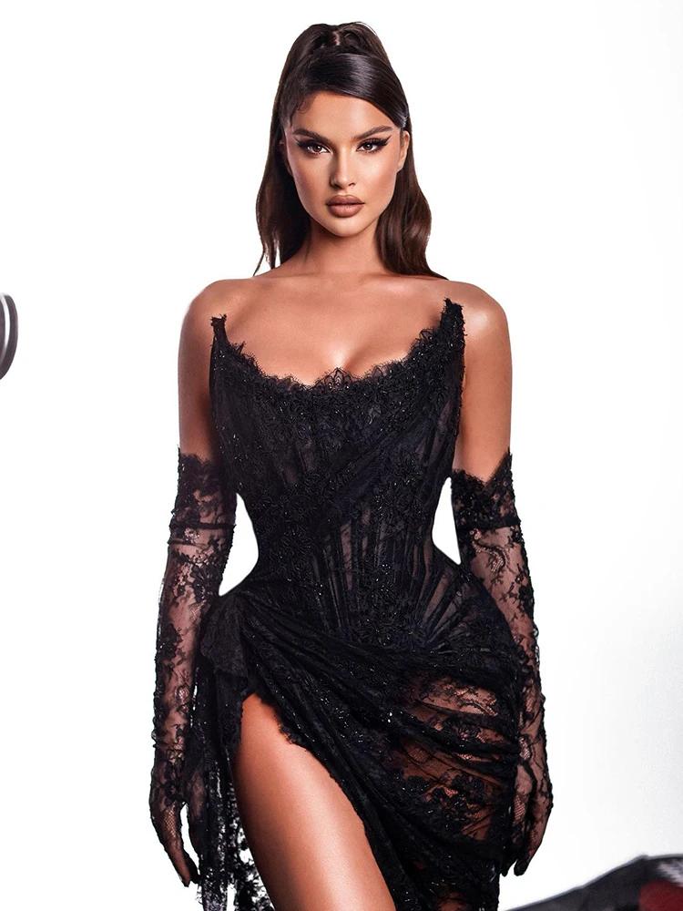 VC – robe Maxi en dentelle noire pour femmes, Sexy, sans bretelles, manches longues, gants, Design, 