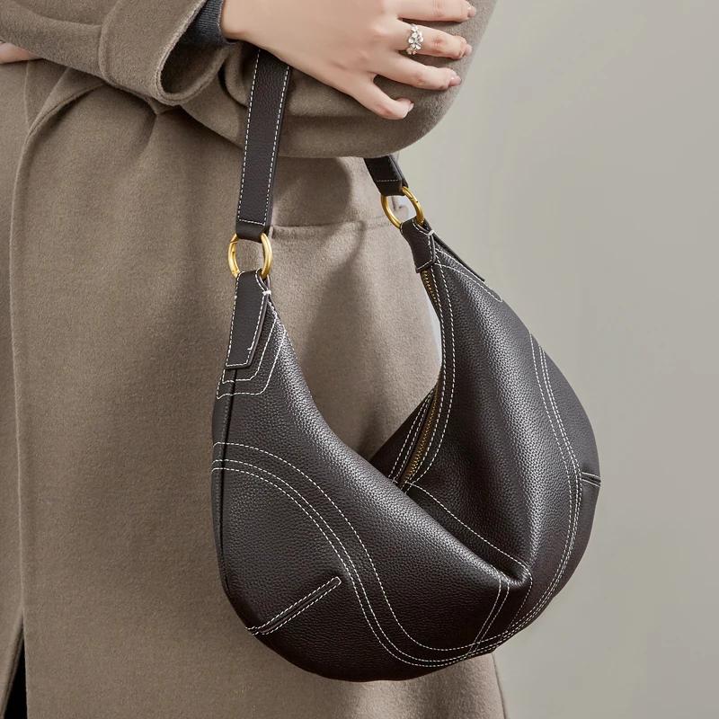 HIFASHION Sacs à bandoulière demi-lune en cuir de vachette véritable pour femmes, tendance 2026, sac