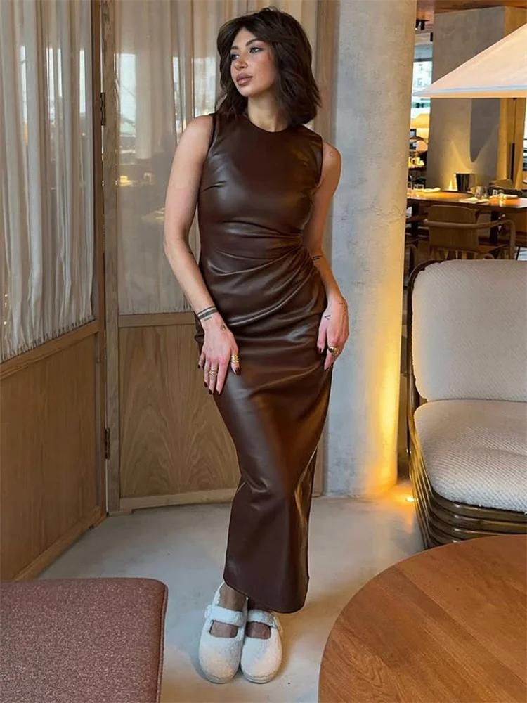 Tossy PU Sexy mode robe Maxi pour les femmes taille haute sans manches mince Patchwork solide maigre