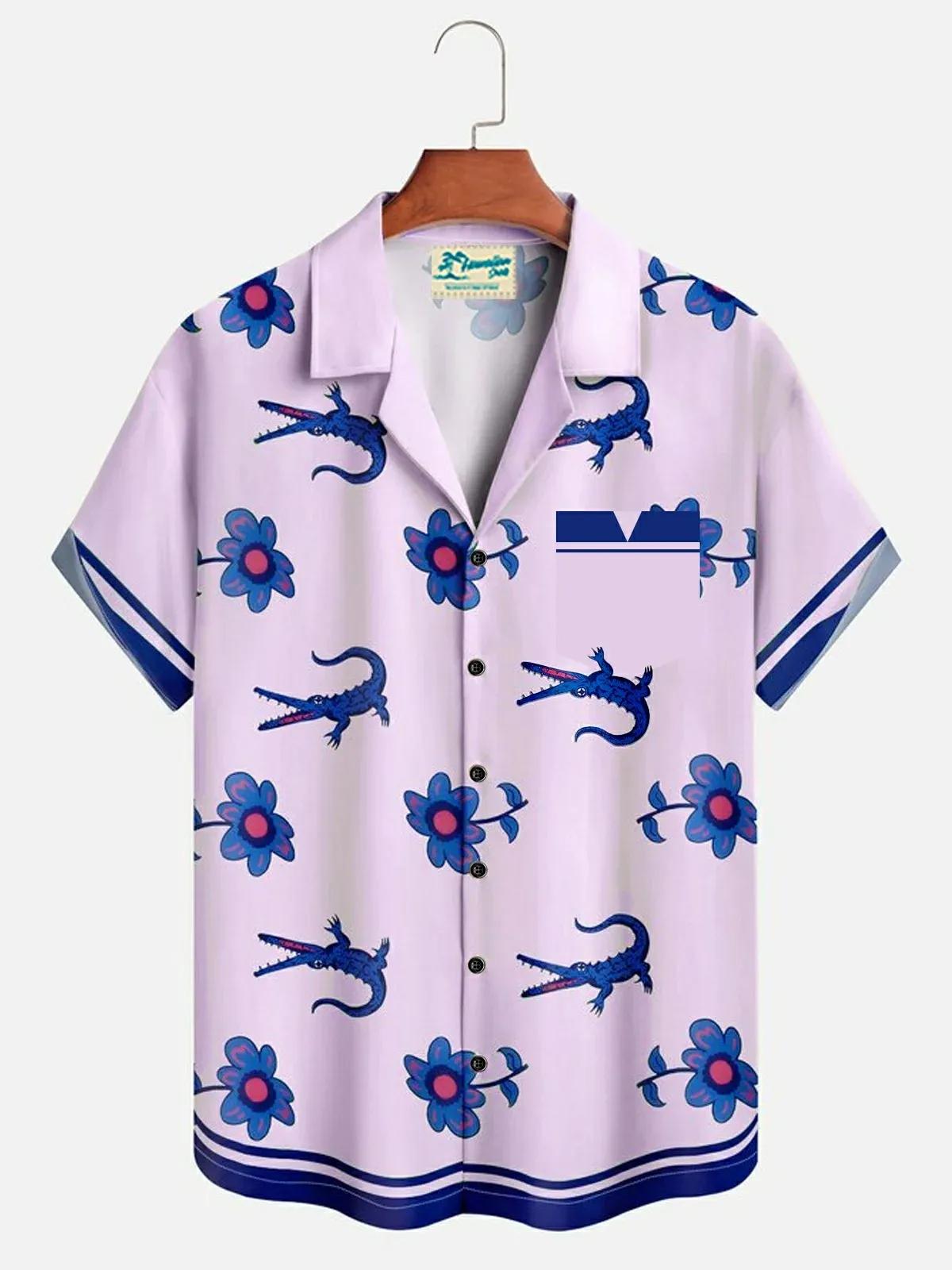 Chemise Crocodile florale pour hommes, chemise hawaïenne d'été à manches courtes, chemise à revers, 