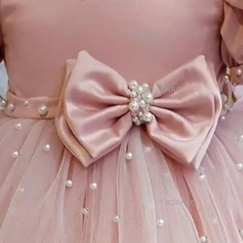 Robe de cérémonie pour enfant 2026 rose à manches bouffantes, ornée de perles et d'un nœud, pour dem