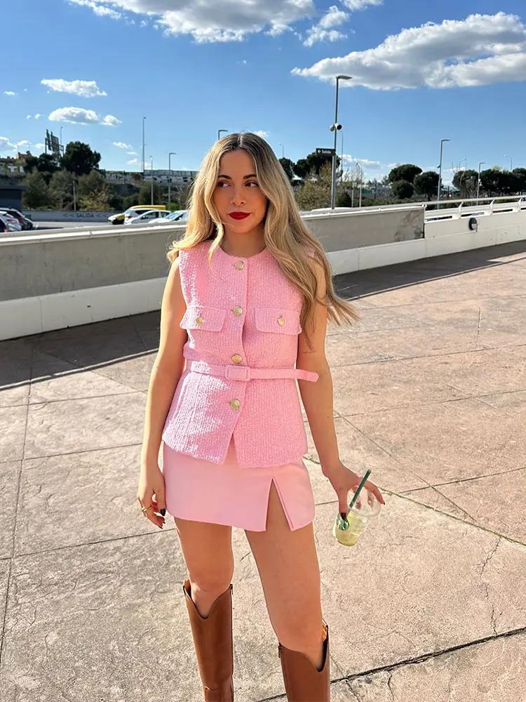HH femmes élégant solide ceinture gilets hauts col rond bouton en métal sans manches gilet bureau vê