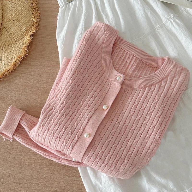 Élégant à manches longues tricots hauts femmes automne hiver simple boutonnage pull col rond épais c