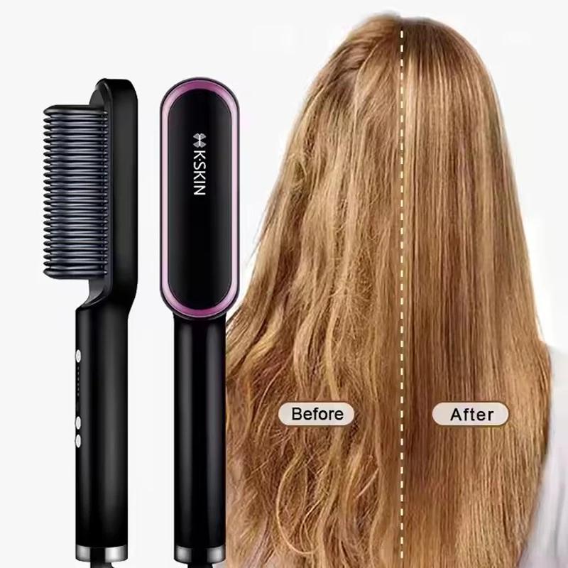 Peigne à lisser 2 en 1, peigne chaud à chauffage rapide, en céramique, à ions négatifs, brosse à lis
