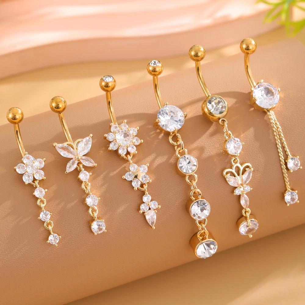 6 pièces longue fleur suspendue papillon abeille Nombril anneau ensembles couleur or corps Nombril P