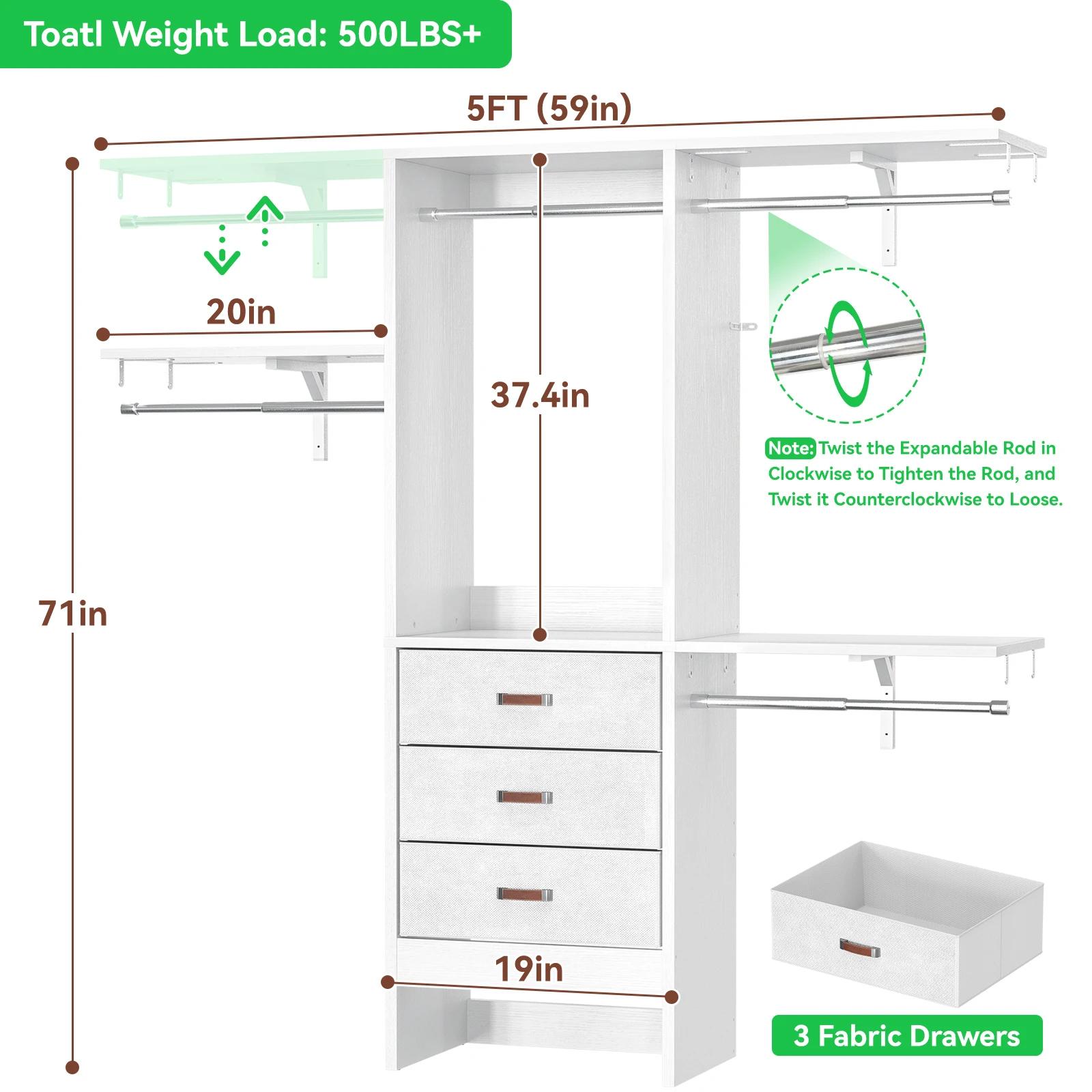 Petit système de placard de 5 pieds avec 3 tiroirs en tissu, système d'organisation de placard de 60