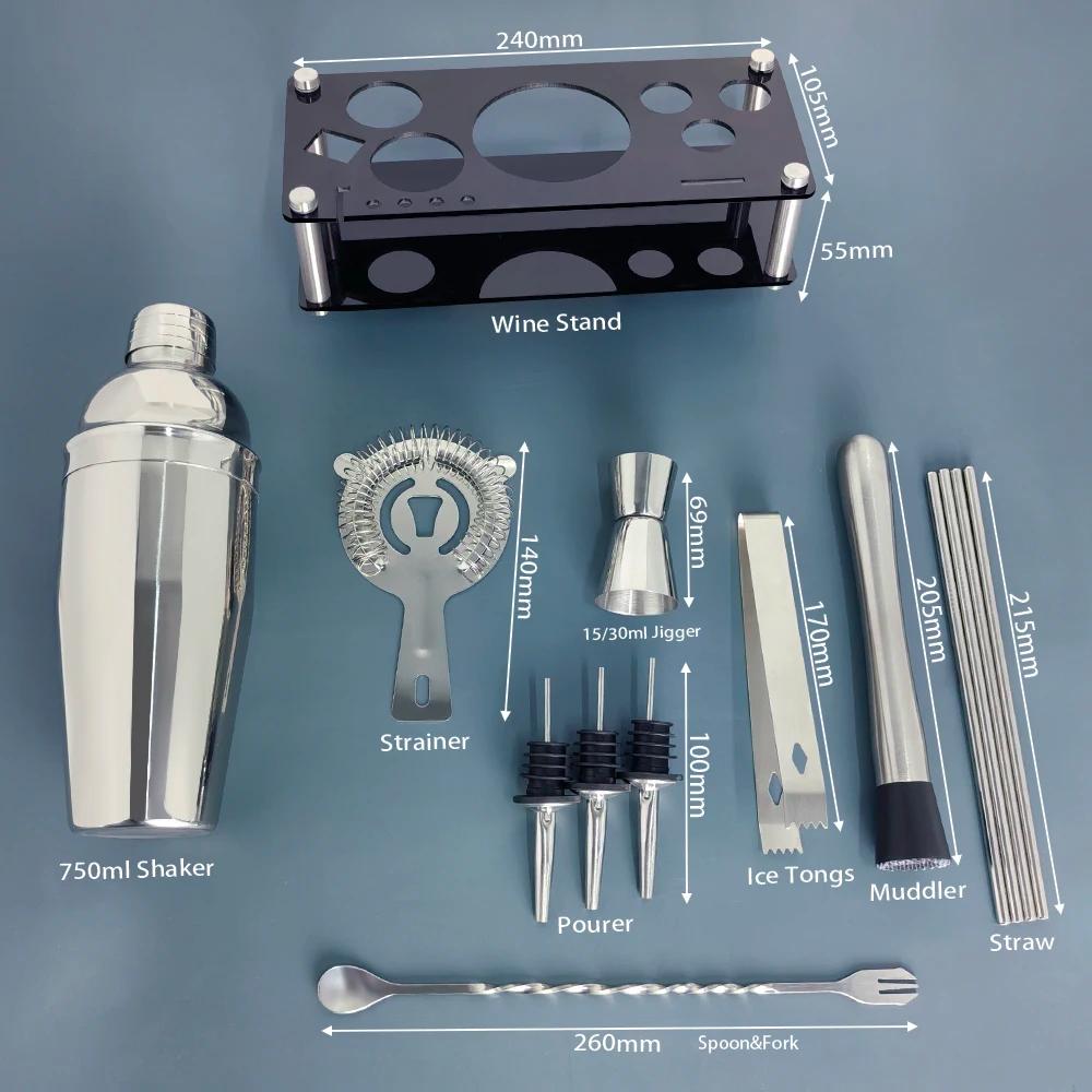 Ensemble de Shaker à Cocktail en Acier Inoxydable, Outils de Bar avec Support Noir, Shaker de 750ml,