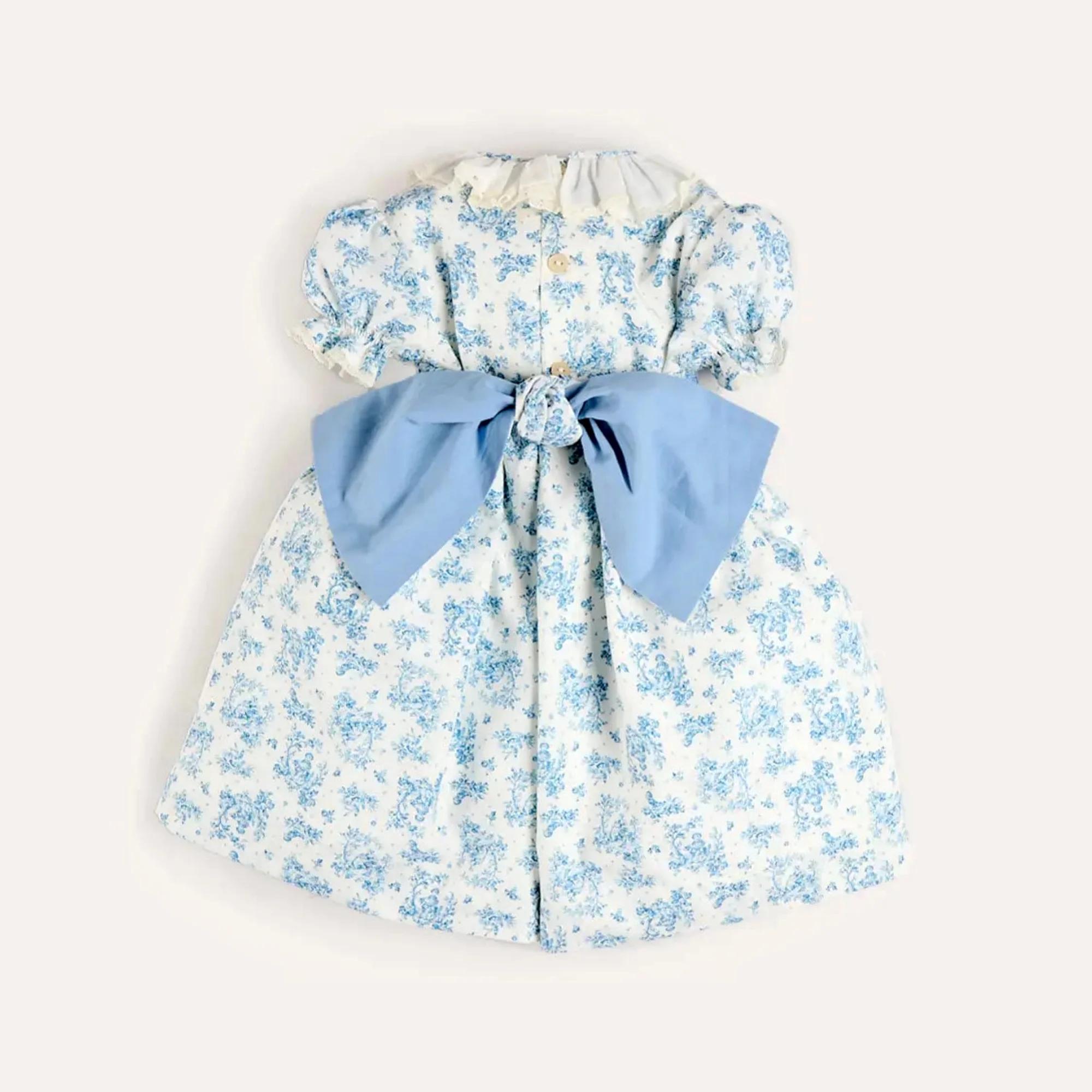 Robe d'été pour filles, style smocké, manches courtes bouffantes, col en dentelle à volants, imprimé