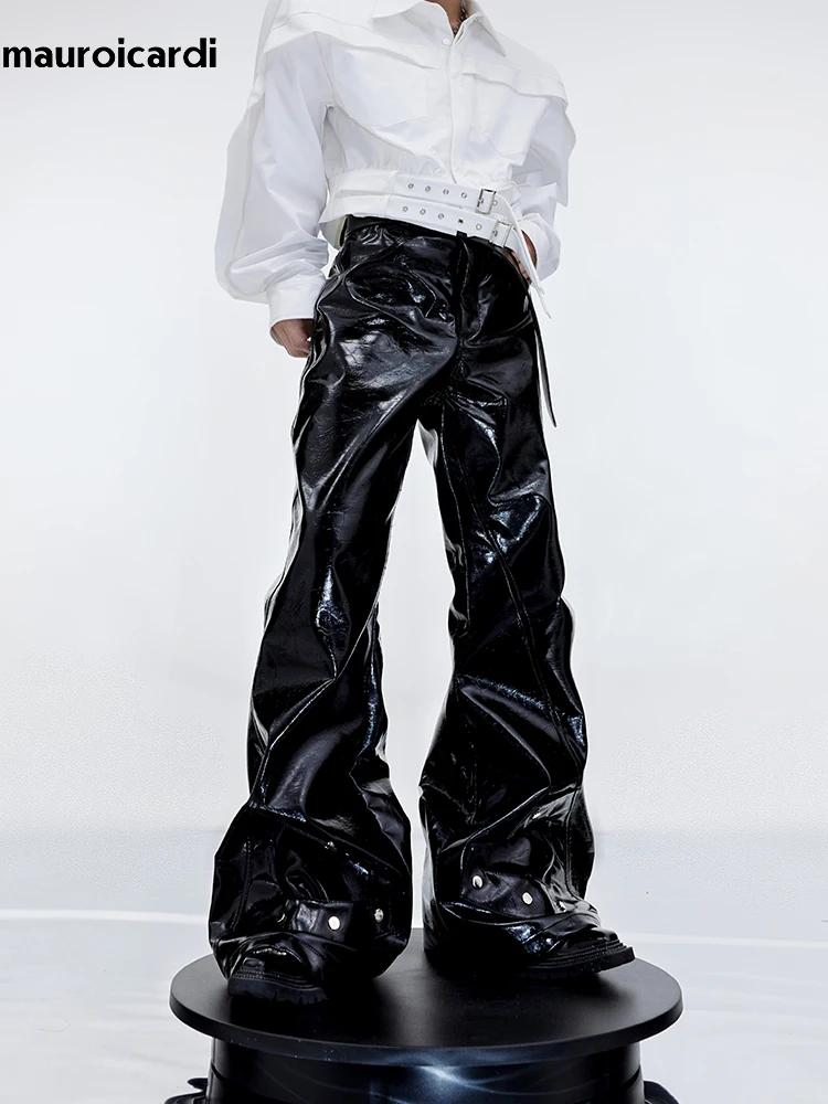 Mauroicardi printemps automne Cool noir brillant réfléchissant Pu cuir Flare pantalon pour hommes ha