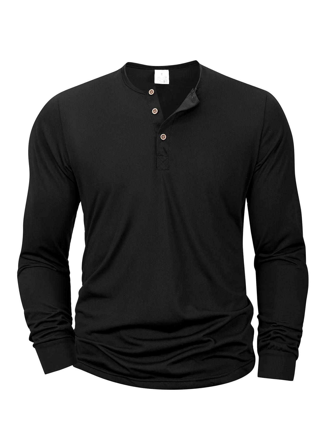 T-shirt à manches longues pour hommes, col Henley, coupe cintrée, chemise à bascule, hauts de Fitnes
