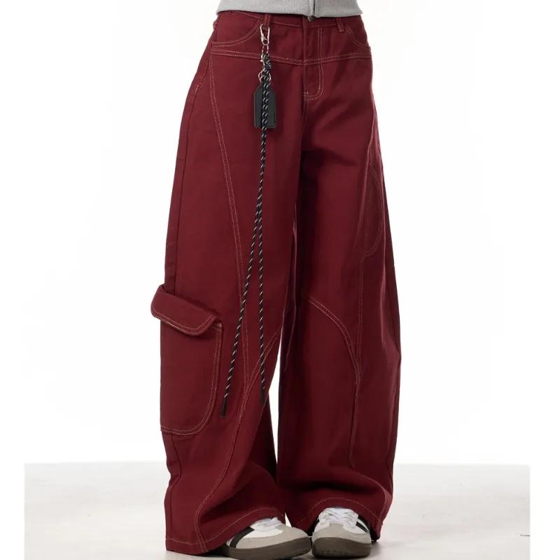 Cargo rouge jean décontracté femmes vêtements de travail pantalon ample droit jambe large pantalon p