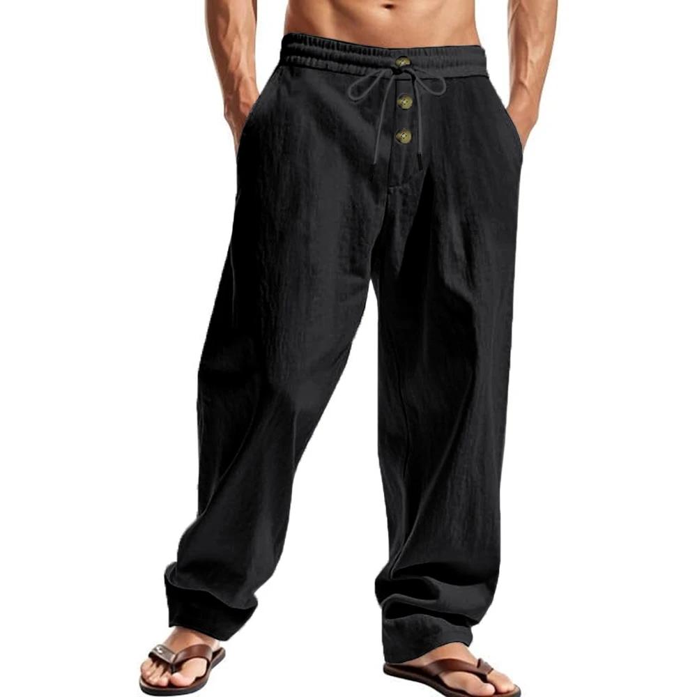 Pantalon respirant décontracté pour hommes, couleur unie, taille élastique, boutons, ample, Fitness,