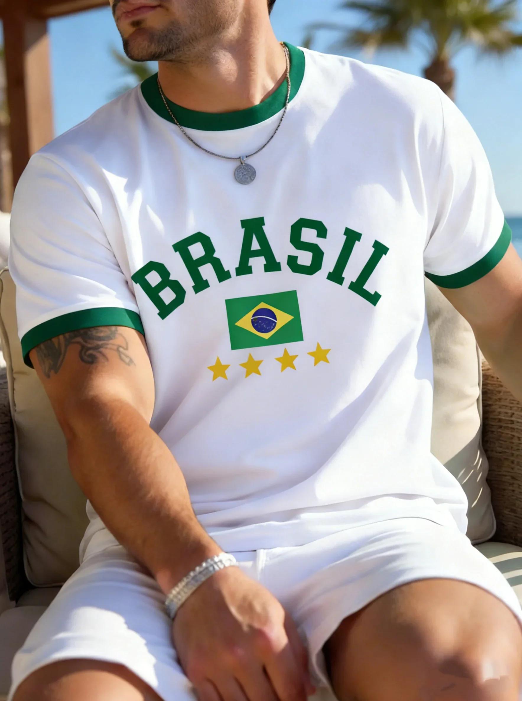 T-shirt d'été pour hommes, imprimé drapeau national du brésil en 3D, haut à manches courtes, col ron