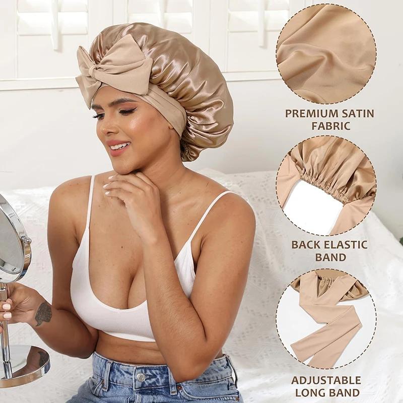 Bonnet de nuit en satin pour femmes, confortable, respirant, doux, pour cheveux bouclés, avec large 